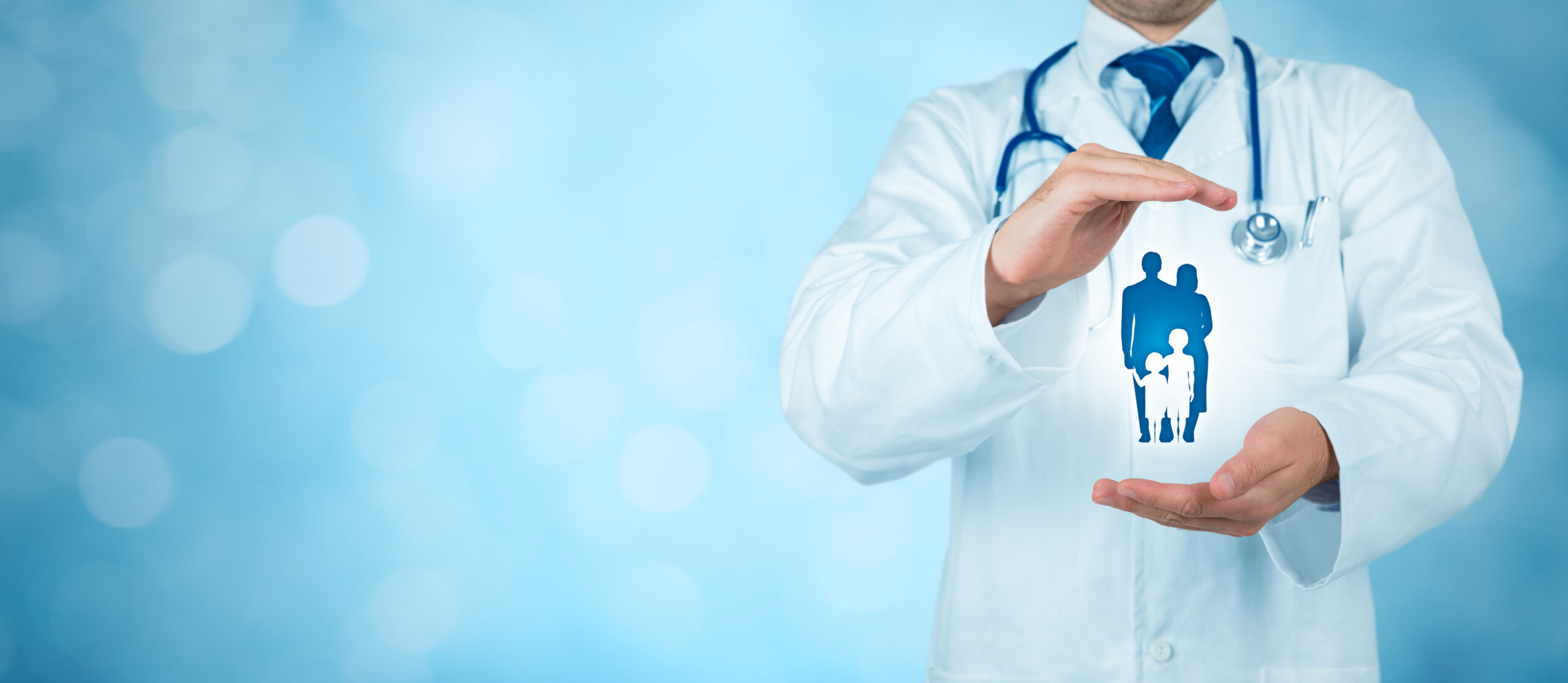 Doctor in lab coat with blue background